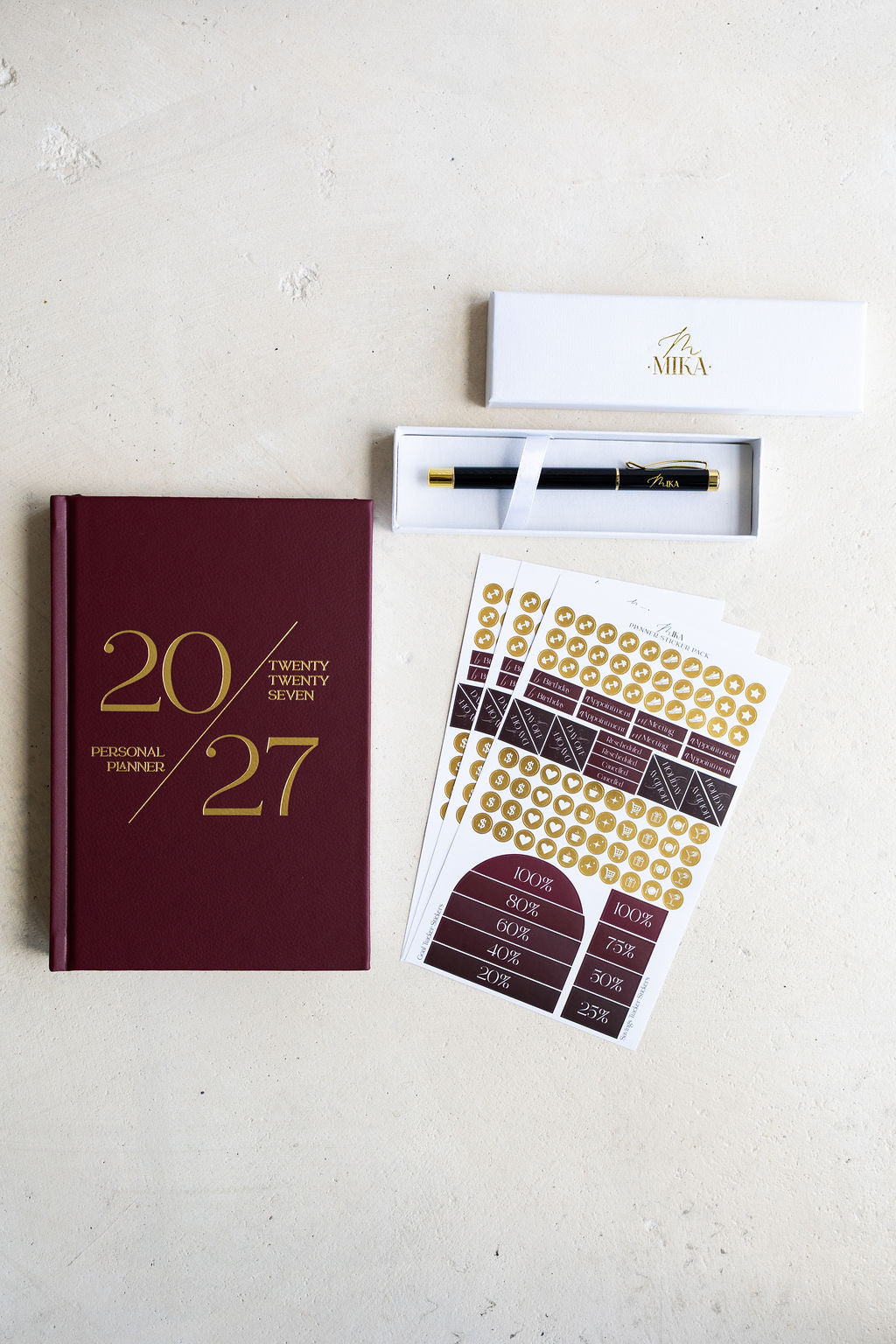 2027 Plan & Shine Set in Merlot: planner, sticker pack and Luxe Pen