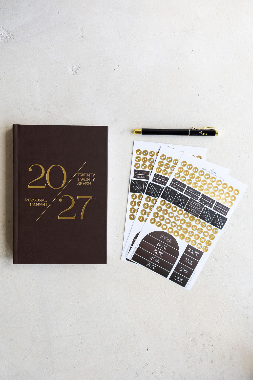 2027 Plan & Shine Set in Truffle: planner, sticker pack and Luxe Pen